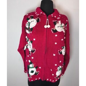 Tiara International Red Snowman Christmas Holiday Beaded Zipper Sweater Medium